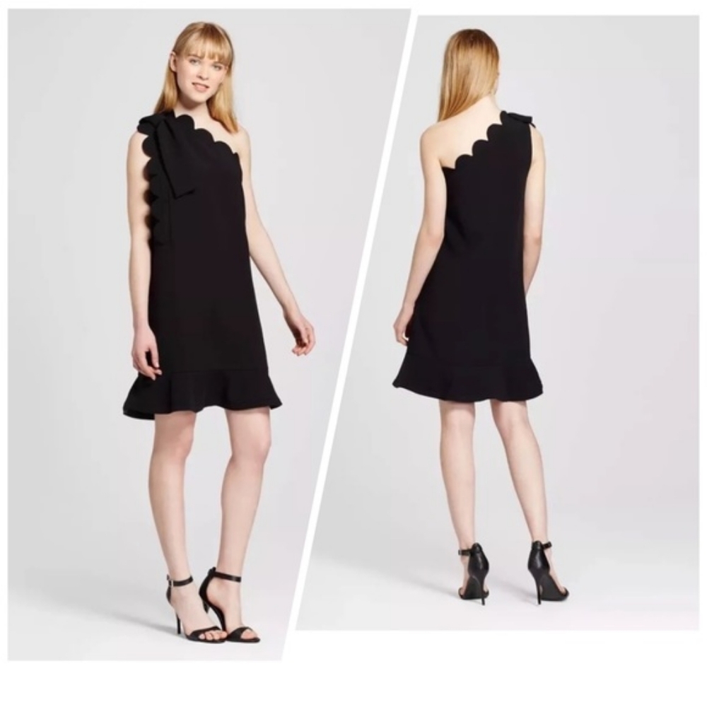 Victoria Beckham Black One Strap Scalloped Dress with Bow